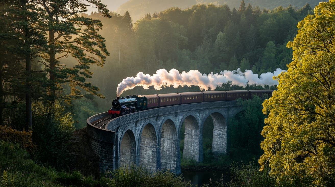 Steam Train Crossing Lush Forest Viaduct in Golden Light