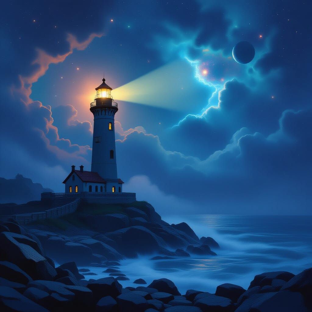 Art Nouveau Lighthouse in Nebulae Night Sky