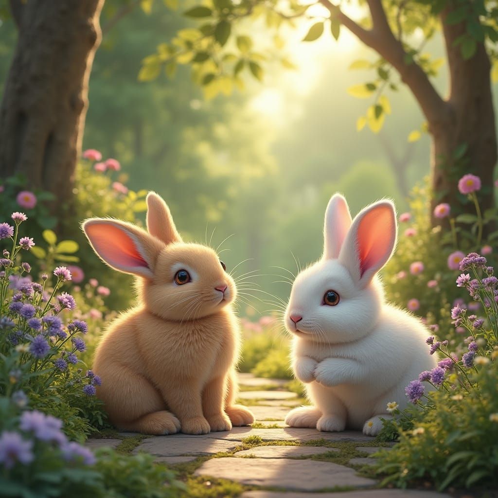Whimsical Rabbits in a Lush Garden Landscape