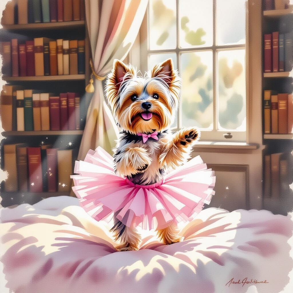 Yorkshire Terrier Ballerina in Watercolor