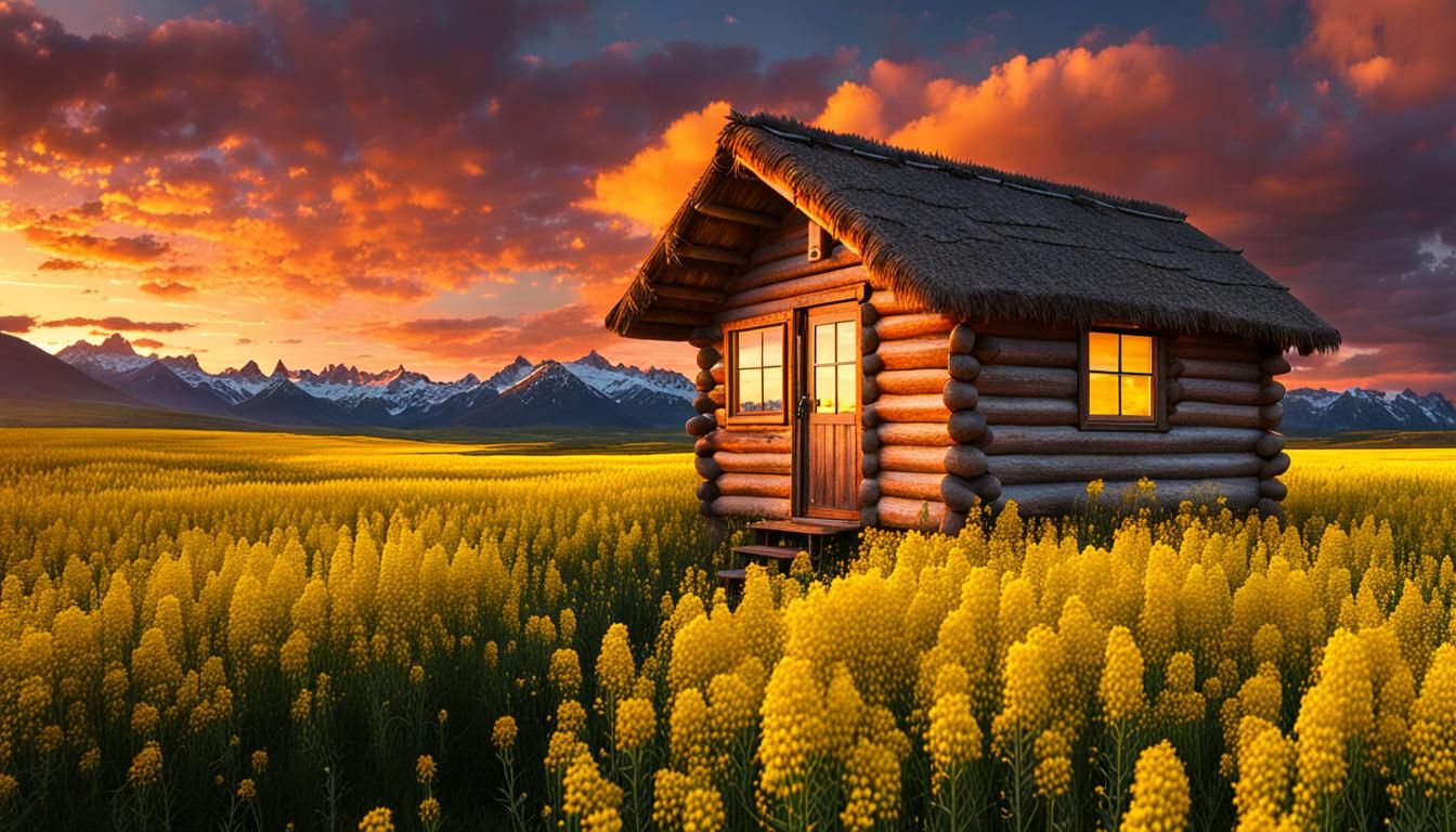 Cabin in Blooming Canola Field at Sunset