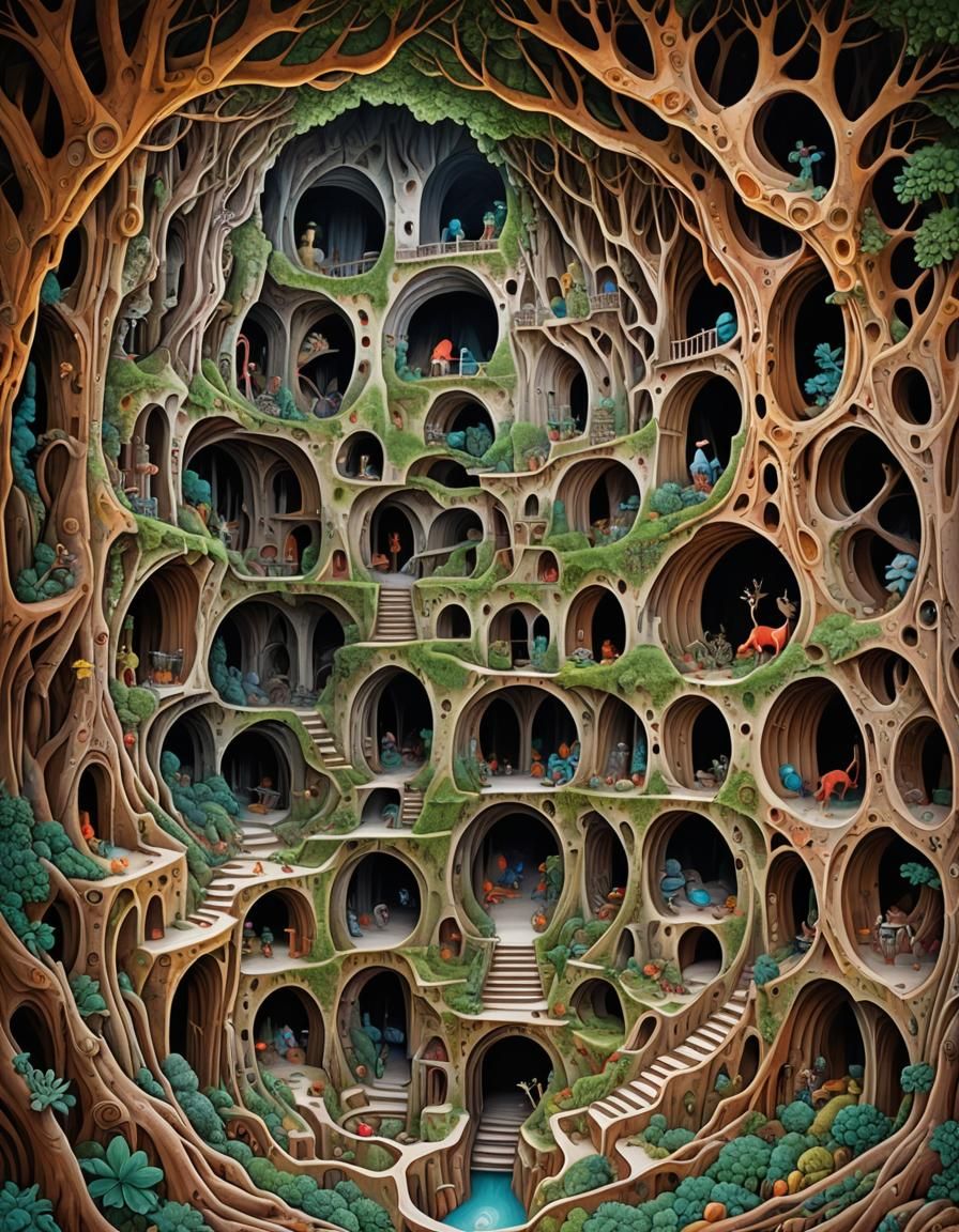 Colorful Folk Art Collage of Underground Maze