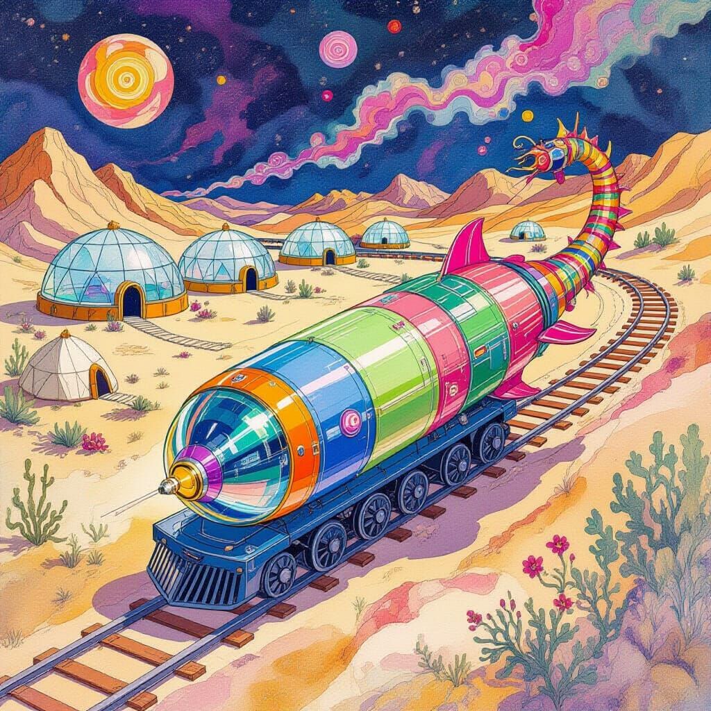 Seahorse-Train Rocket Ride in a Psychedelic Desert