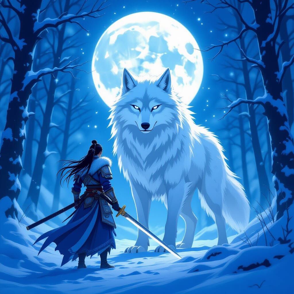 Anime Warrior and Spirit Wolf in Snowy Forest