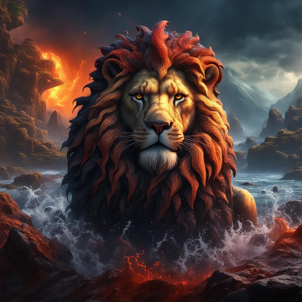 Water and Lava Lion Fantasy Concept Art