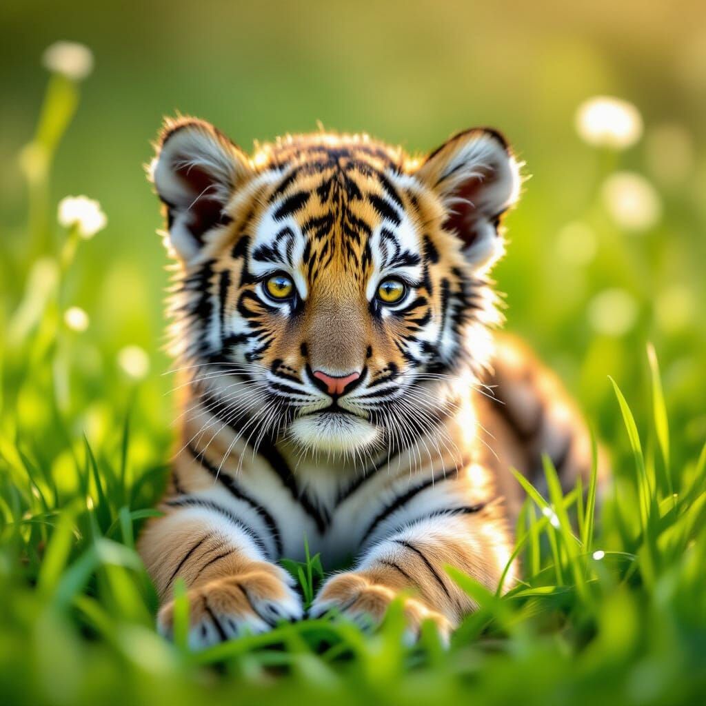 Tiny Tiger Cub in Sunlit Meadow