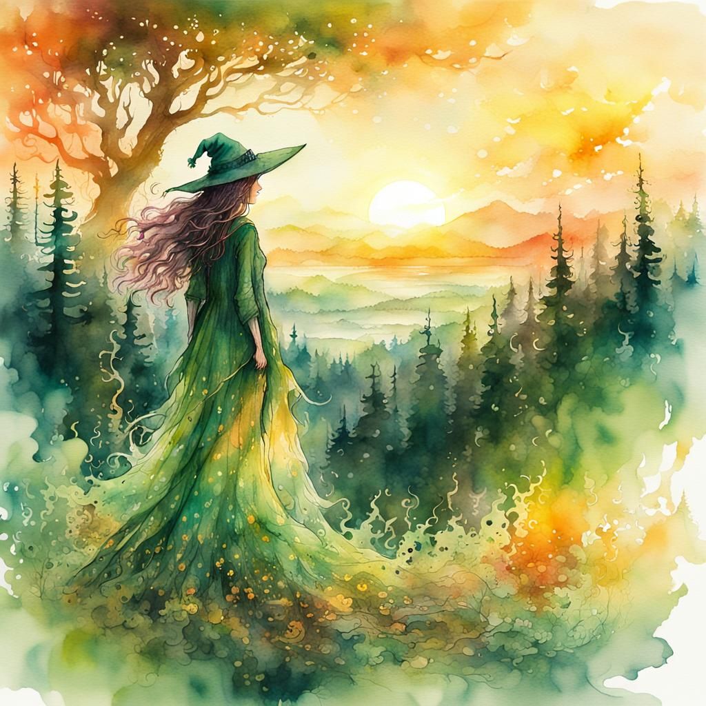 Green Witch Gazing at Summer Sunset, Watercolor Art
