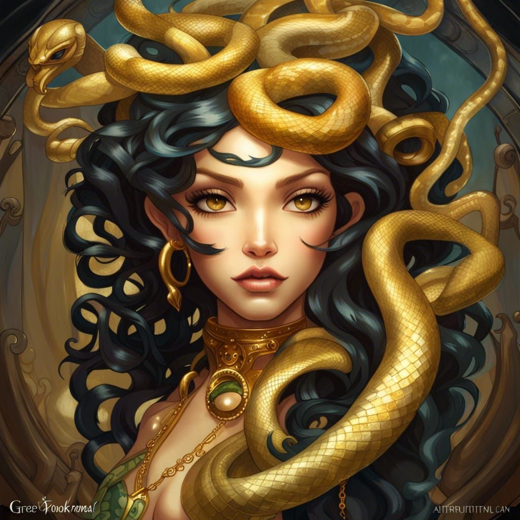 Anime Medusa Portrait with Golden Snakes