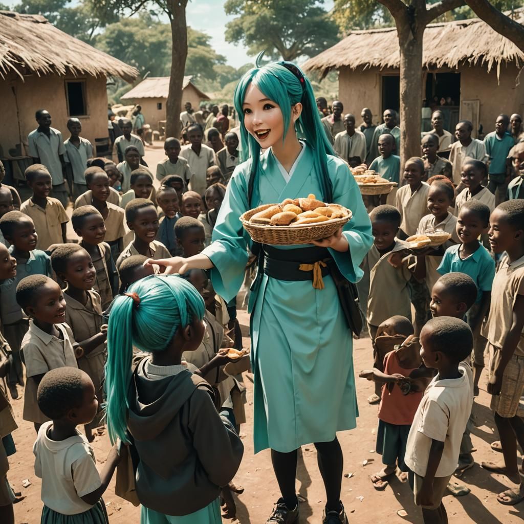 Hatsune Miku Distributes Food in African Village