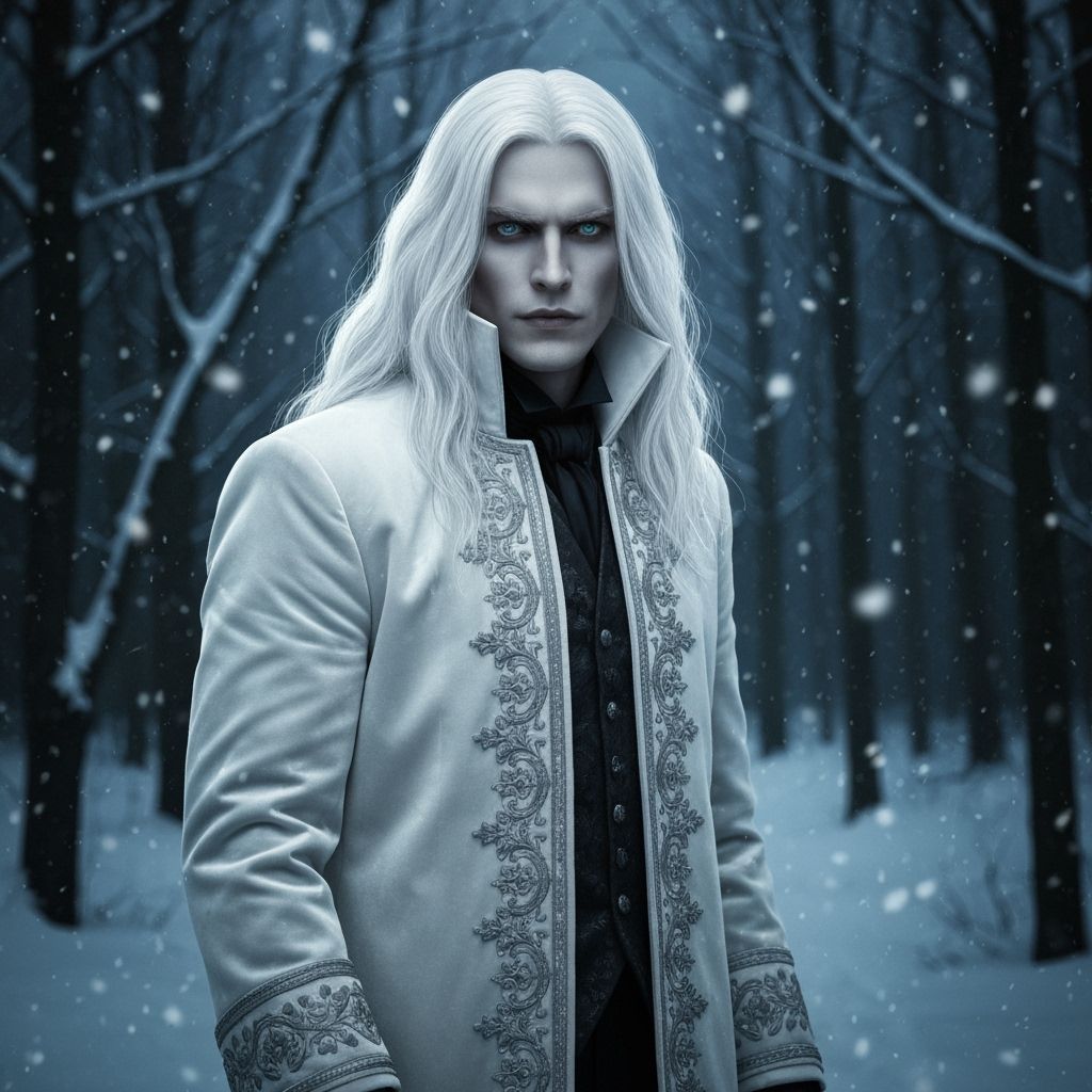 A dashing vampire lord with long flowing white hair, age 45, piercing blue eyes, clad in an ornate white velvet coat ado...