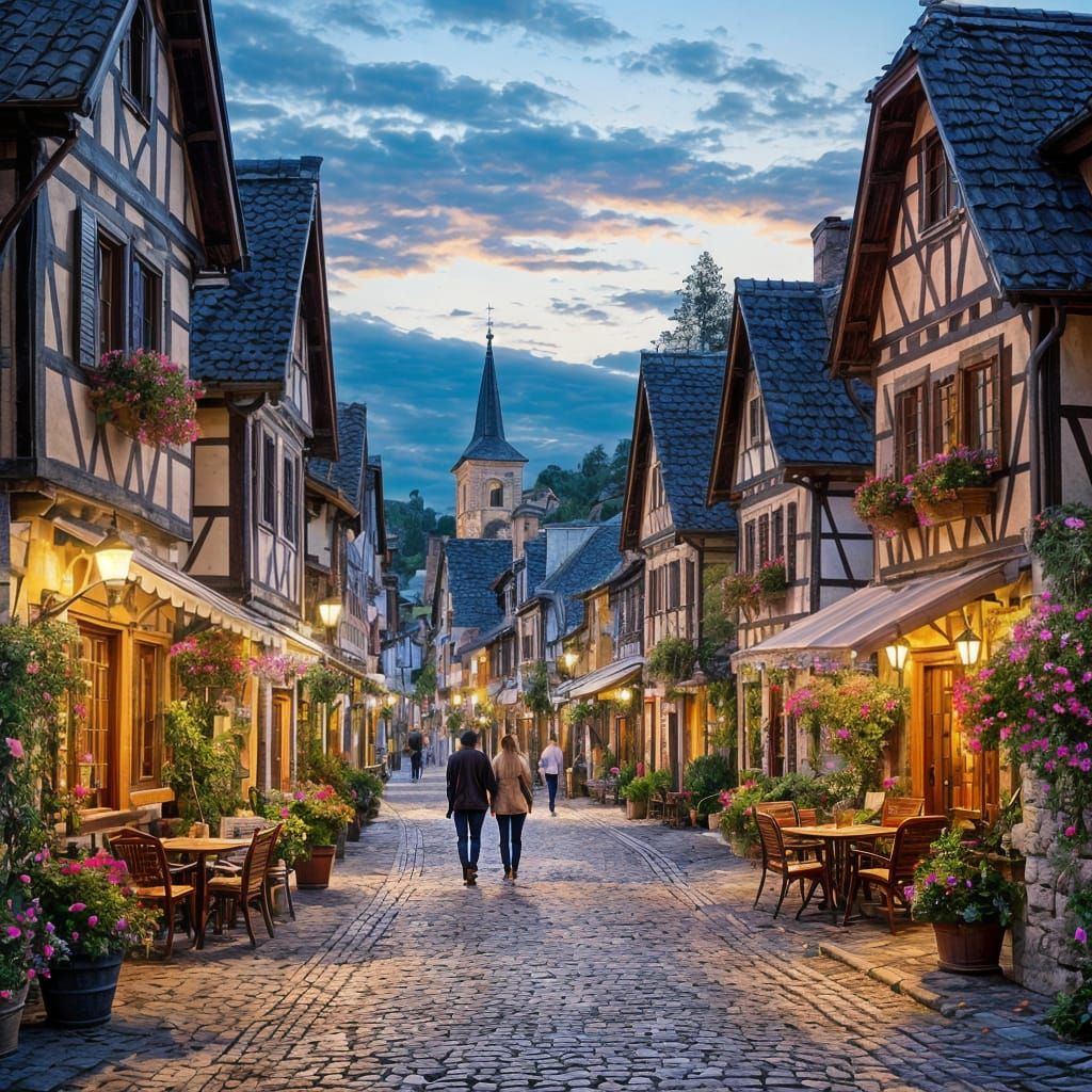Charming European Village at Golden Hour