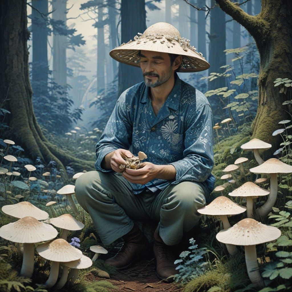 Earth-Toned Mushroom Tending Figure in Linocut Style