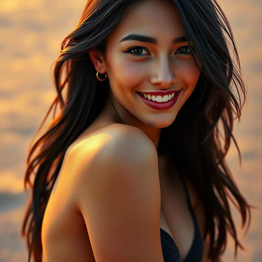 Woman with Black Hair on a Sunset Beach