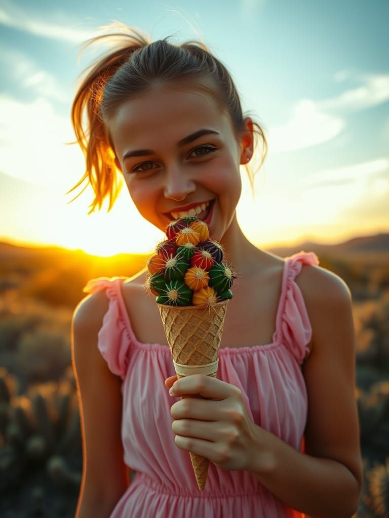 Surreal Desert Goddess Enjoys Cactus Ice Cream in Warm Golde...