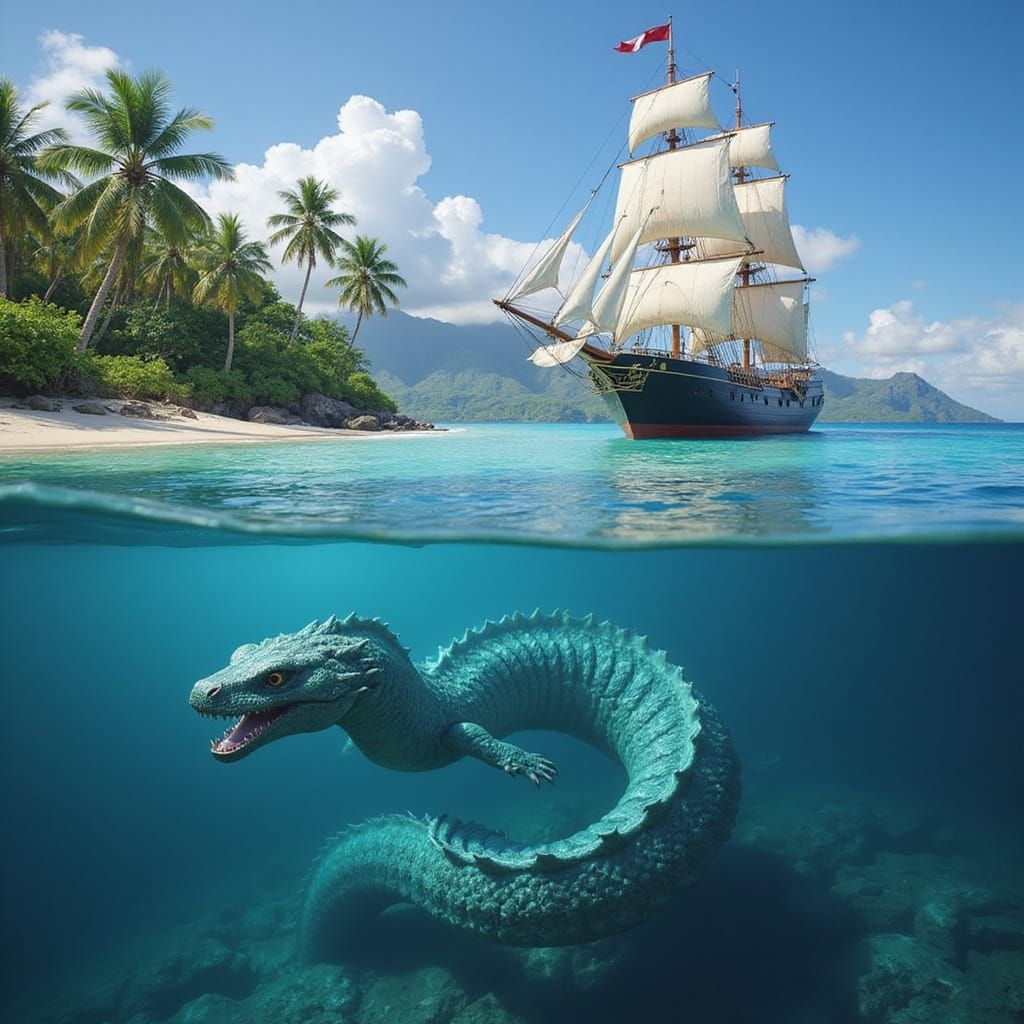 Tahitian Clipper Ship with Sea Serpent, Matte Painting