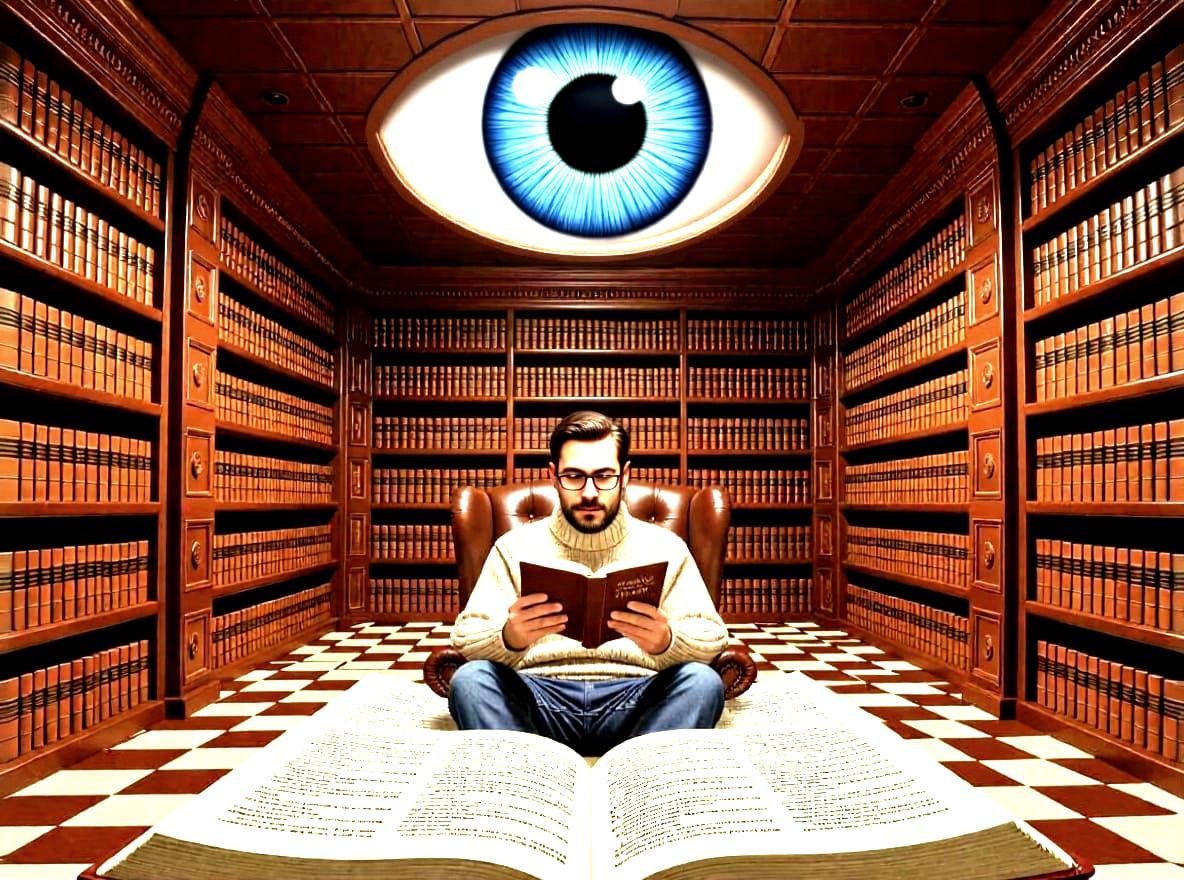 Surreal Book Room with Reader Under Observation