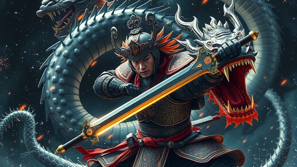 Chinese Warrior in Cosmic Battle, Dramatic Splash Art
