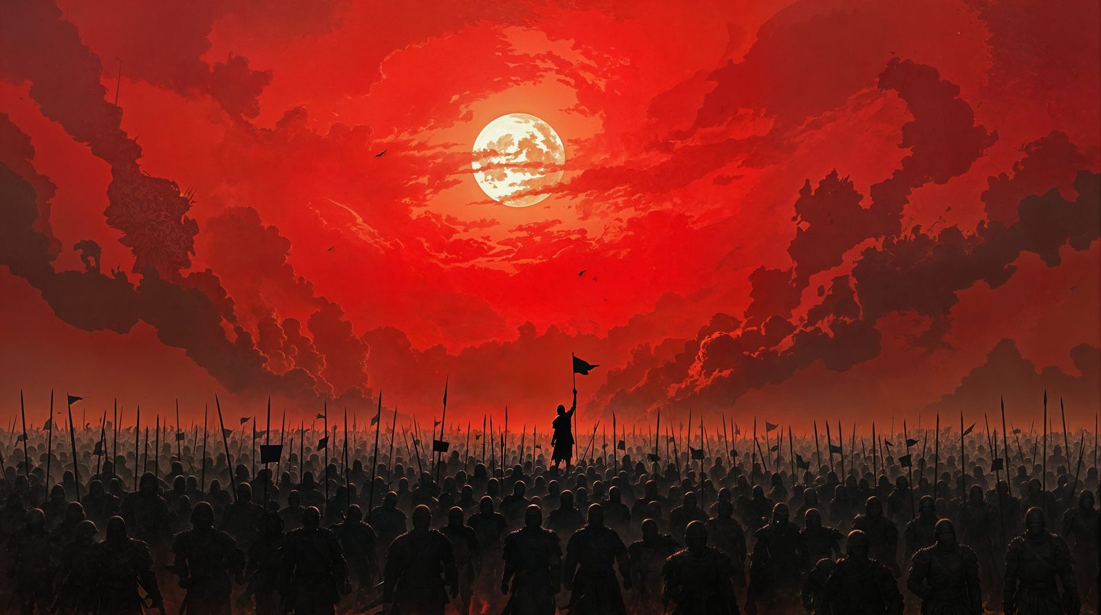 Ancient Greek Warriors Silhouetted Against Fiery Red Sky