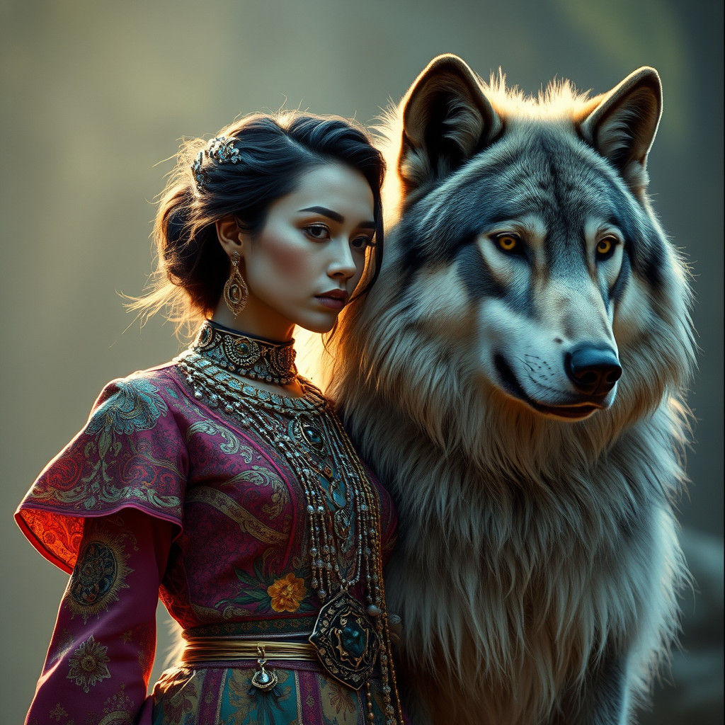 Woman and Wolf Portrait in Futuristic Mystical Style