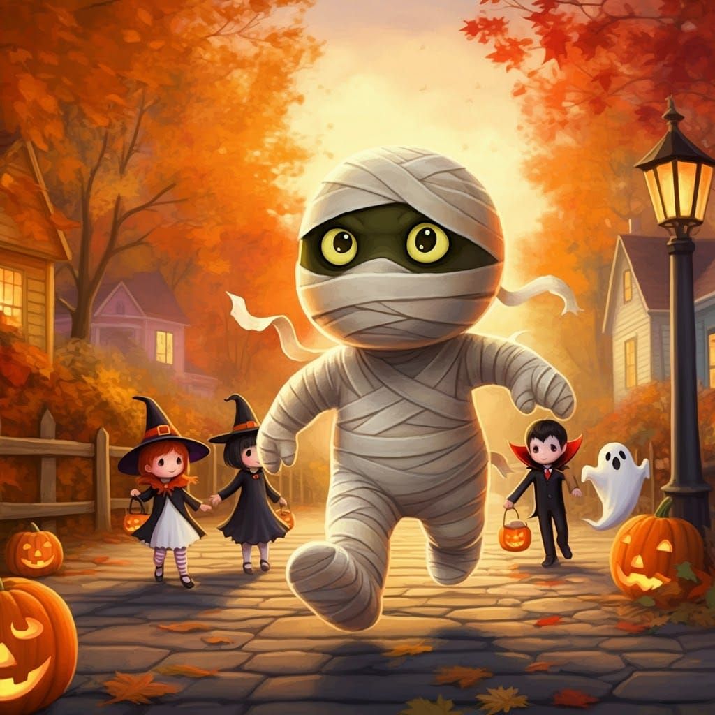 Adorable Mummy Chasing Trick or Treaters