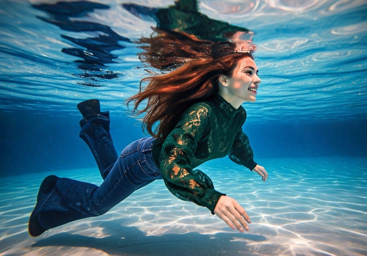 Woman Swims Underwater in Jeans with Bokeh