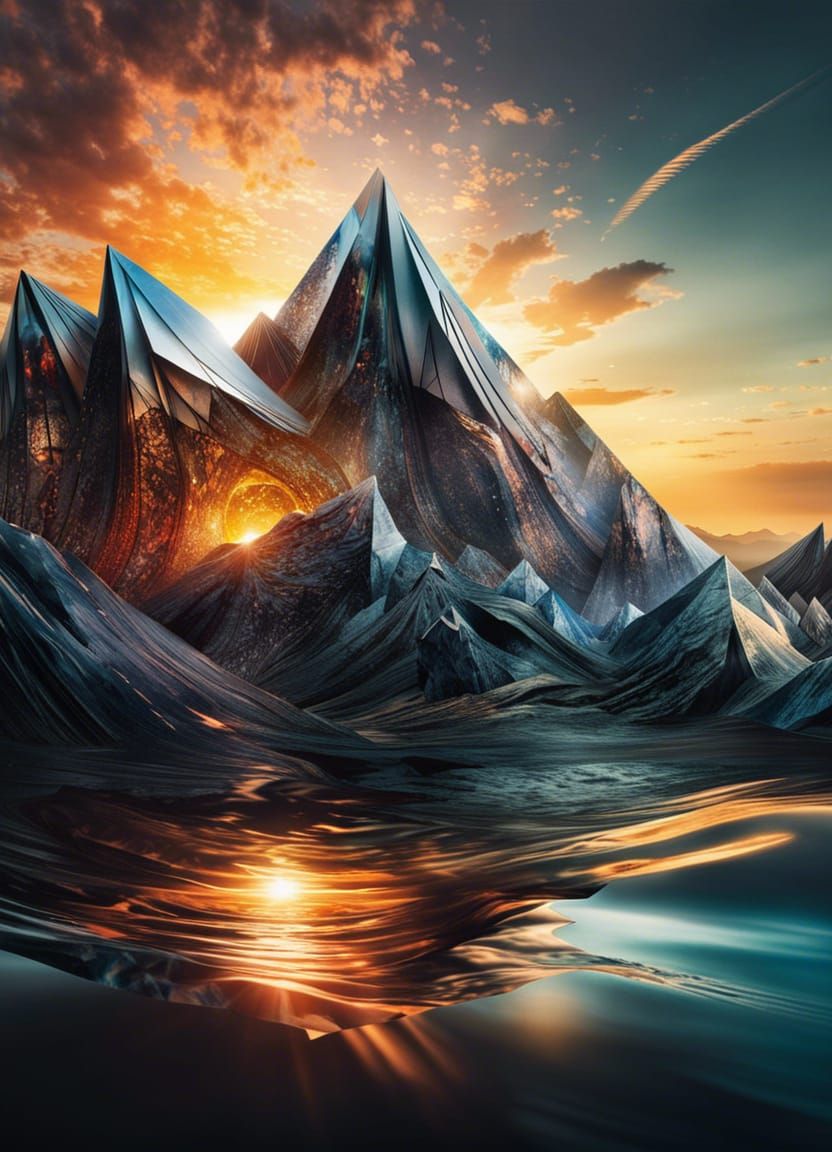 Origami Sunset Landscape in Maximalist Papercraft Style