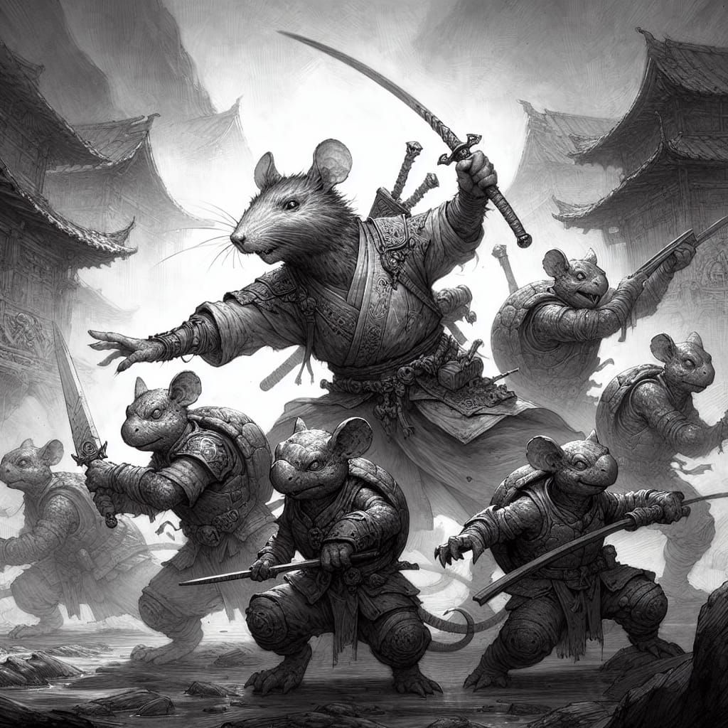 Fantasy Battle Scene in Black and White Sketch Style
