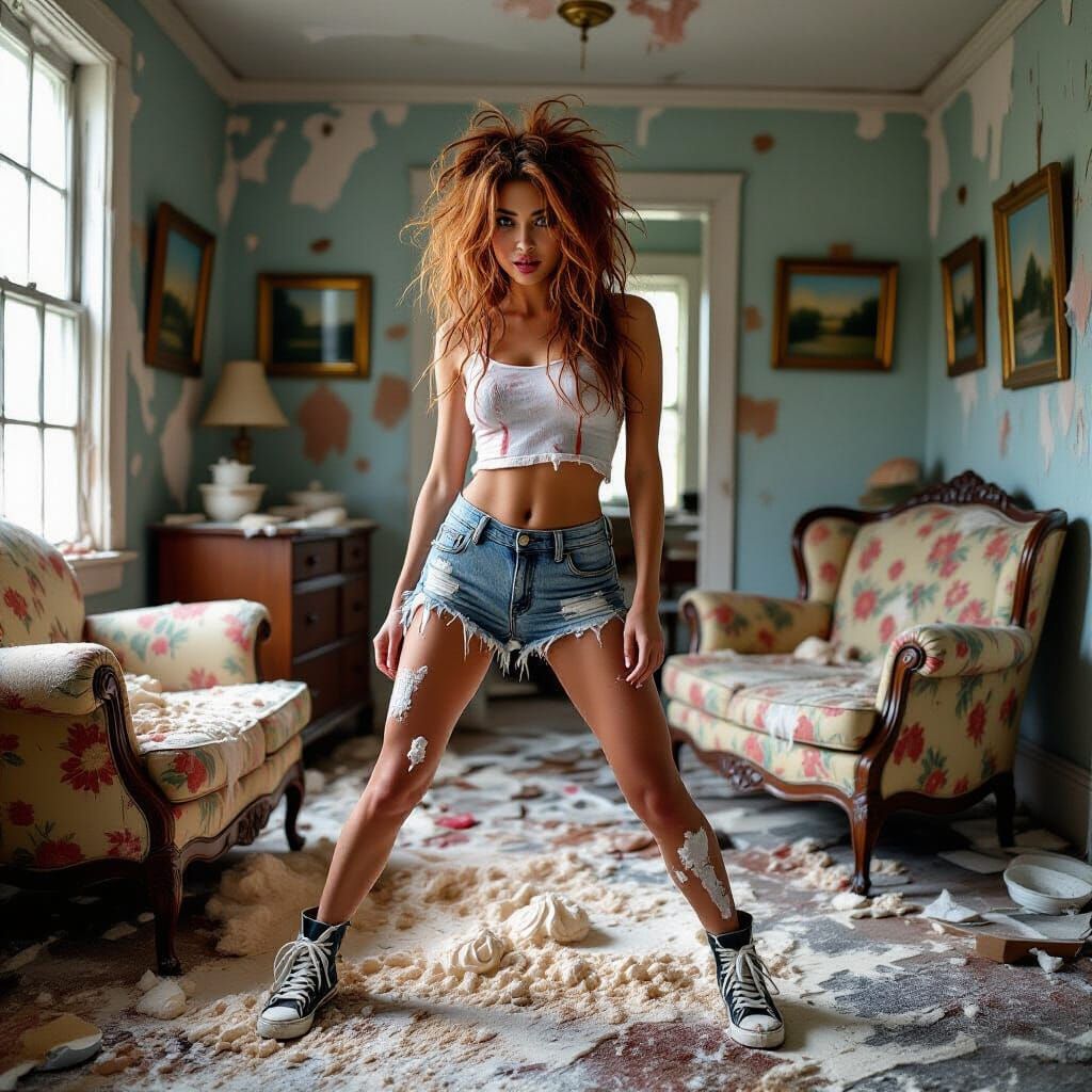 Woman Amidst Chaos in Hyper-Realistic Style