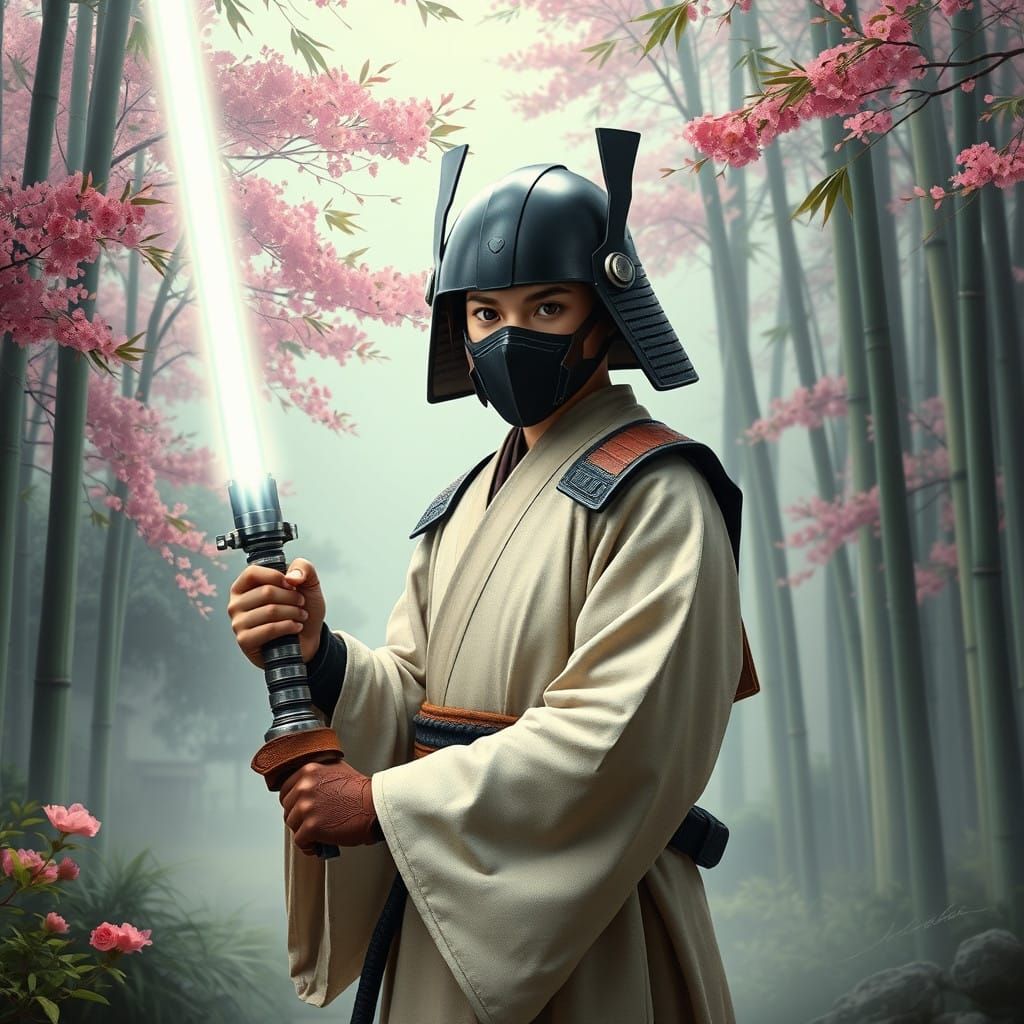 Jedi Padawan Samurai in Serene Japanese Garden
