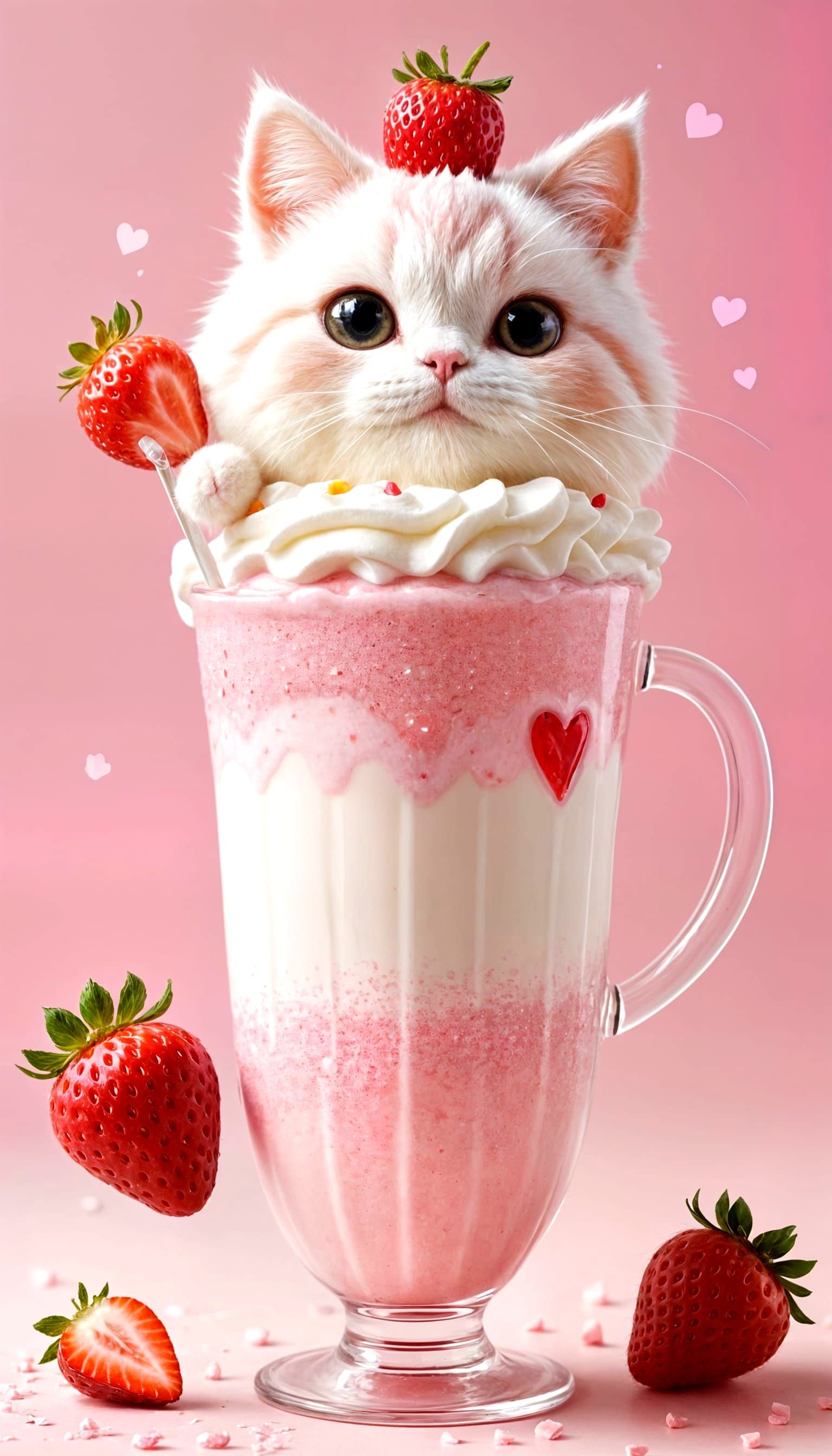 Strawberry Milkshake Cat in Kawaii Style