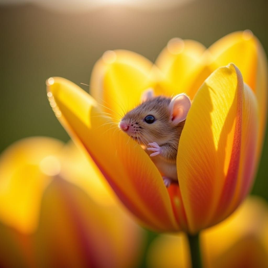 Marshmallow Mouse in Tulip, Macro Photography