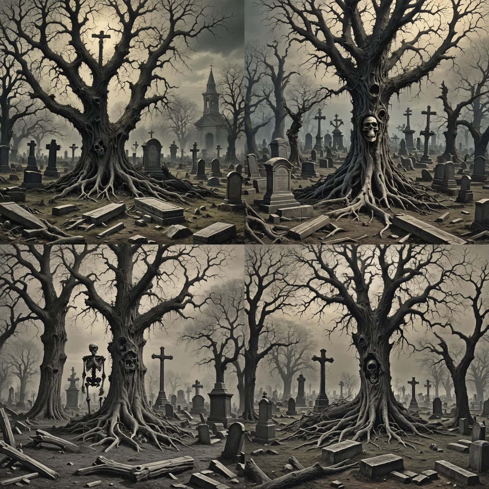 Graveyard Tree with Skeleton Coffin, in Gothic Horror Style