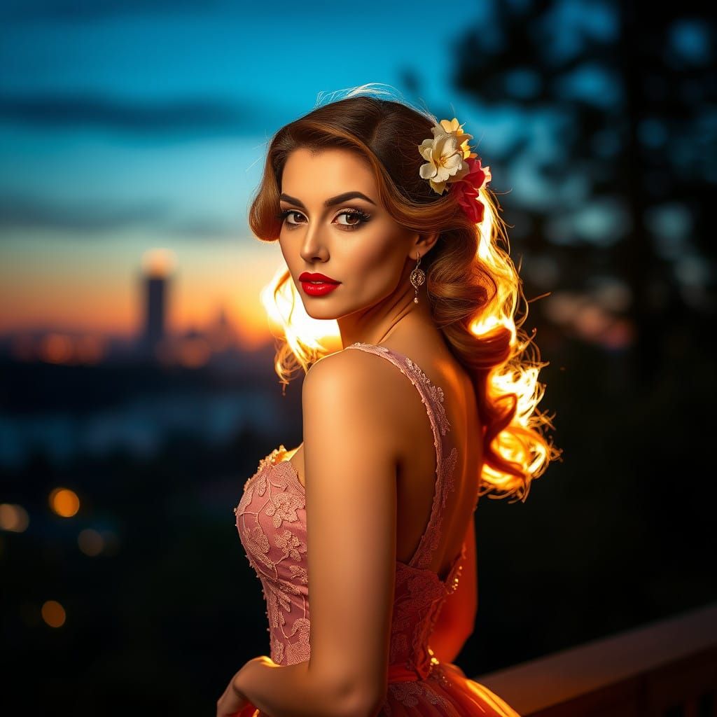 Demure pinup. Dramatically shot at twilight. Perfect beauty ...