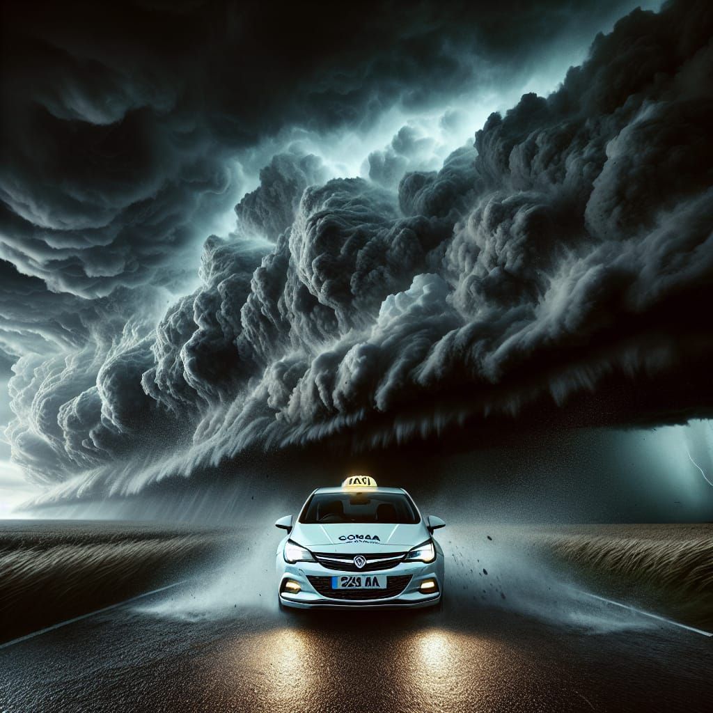 Stormy Taxi Journey in Dark Grays and Intense Lighting