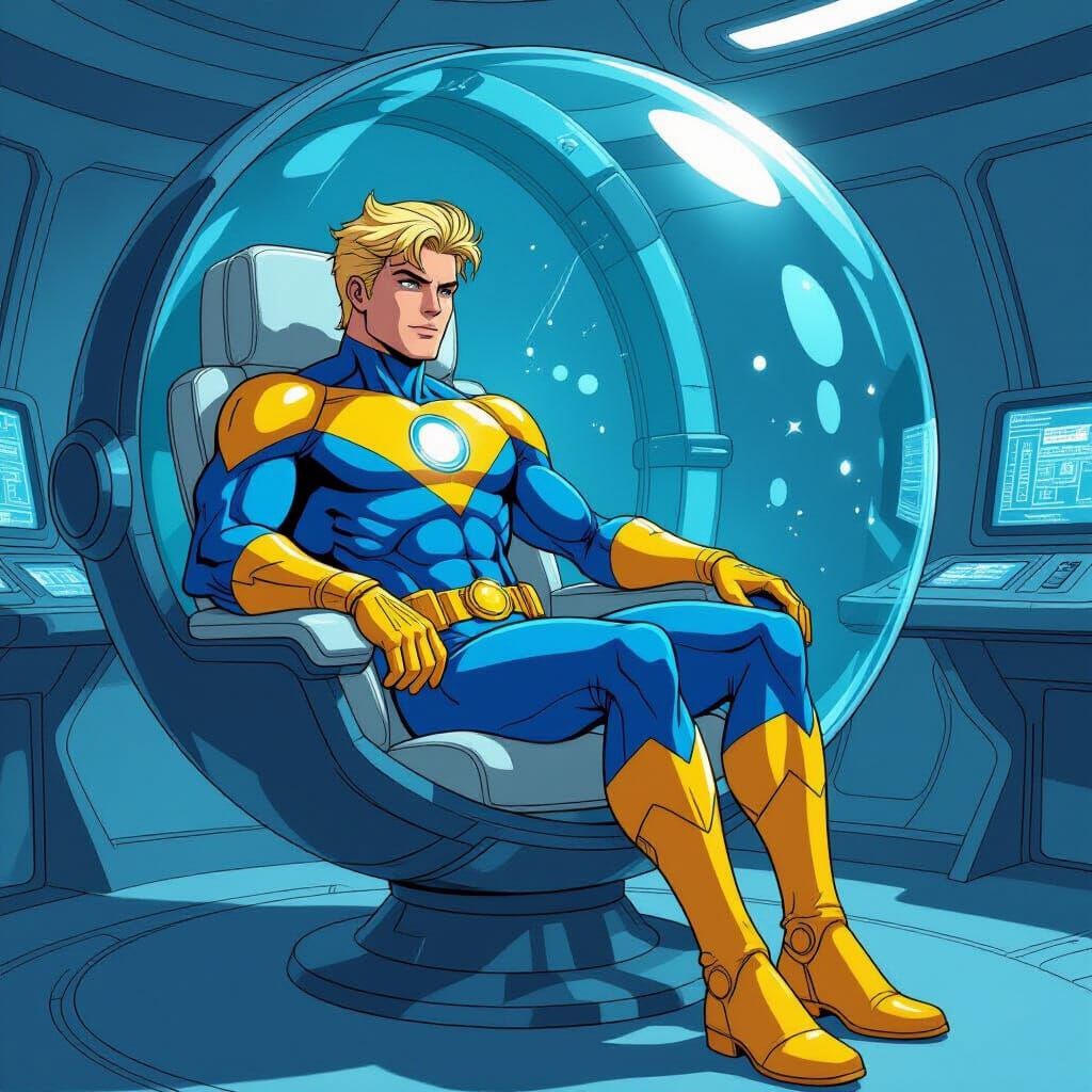 Booster Gold in Glass Time Bubble, Futuristic Travel Machine
