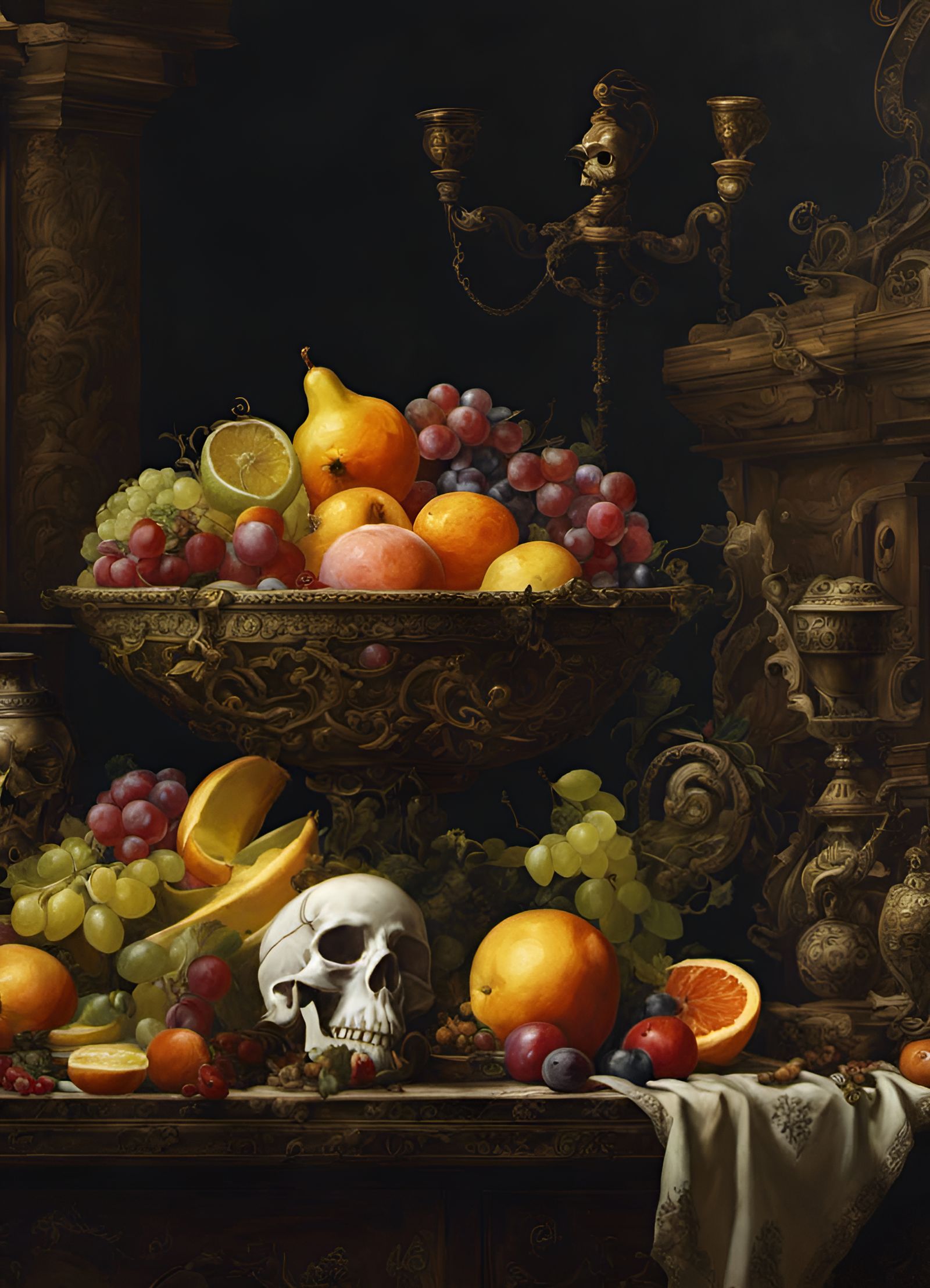 Gothic Still Life: Fruit Bowl and Skull