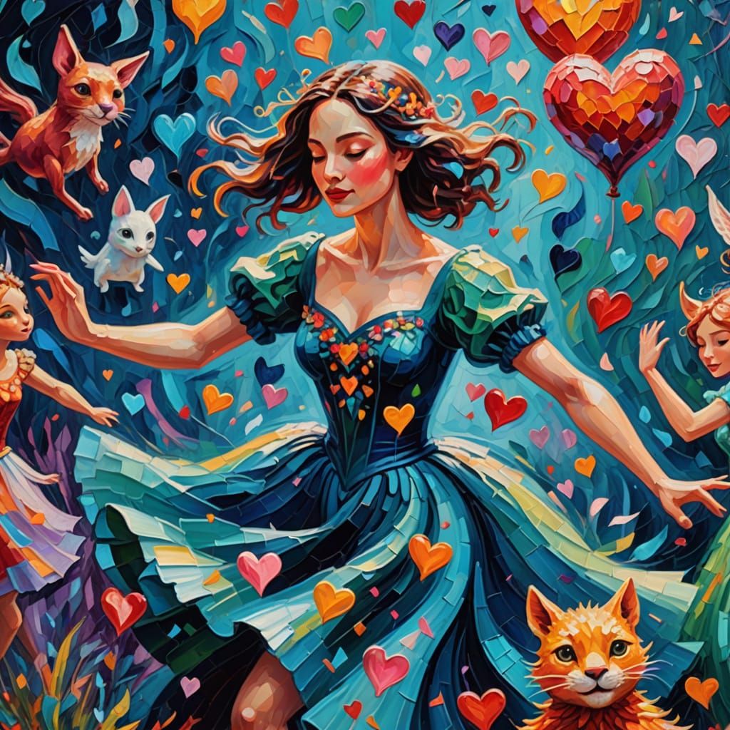 Woman Dancing with Magical Characters in Impasto Style