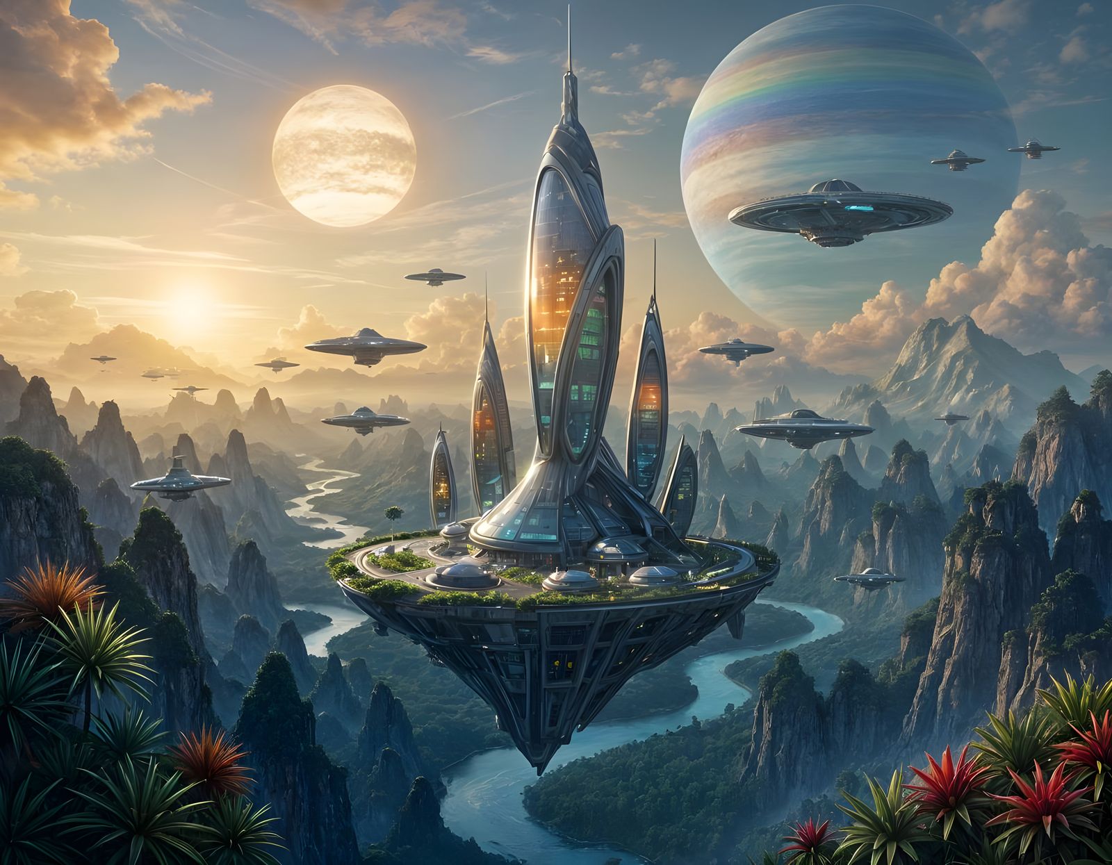 Vibrant Alien Landscape with Conch Skyscraper