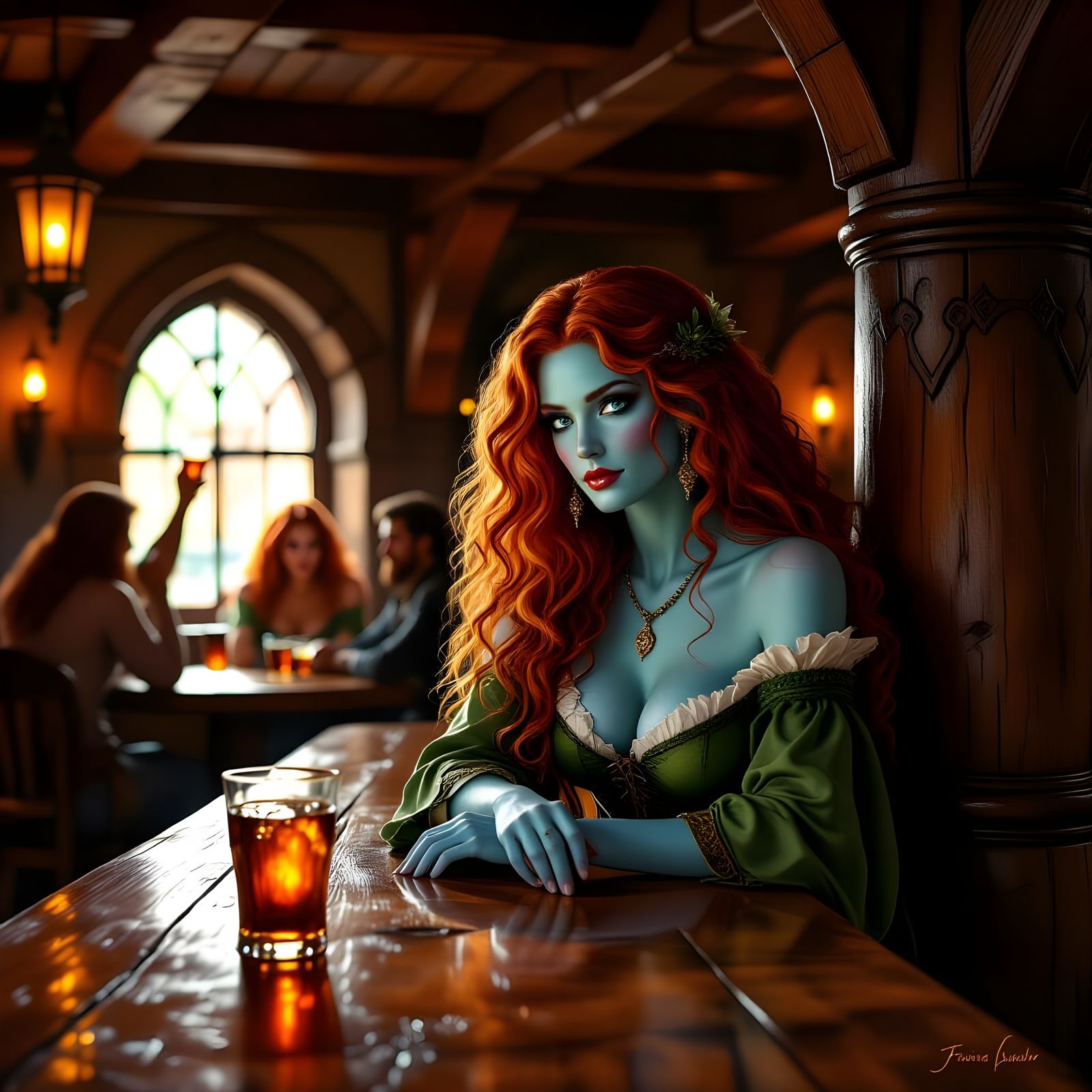 Medieval Tavern Scene With Blue-Skinned Woman