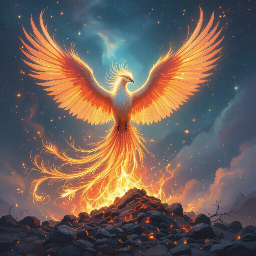 Iridescent Phoenix Rising from Ashes in Cosmic Scene