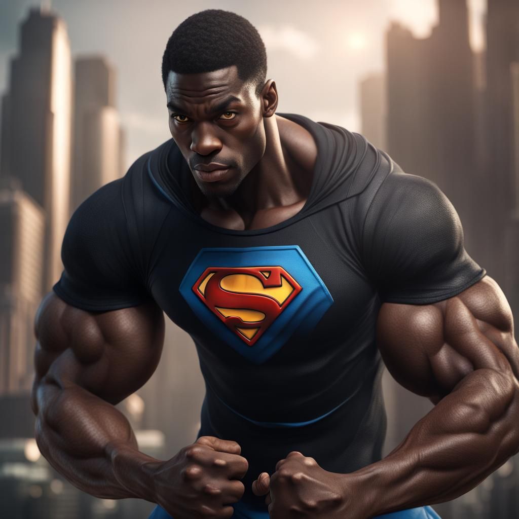 Ectomorph Black Man Flexing in Superman T-Shirt