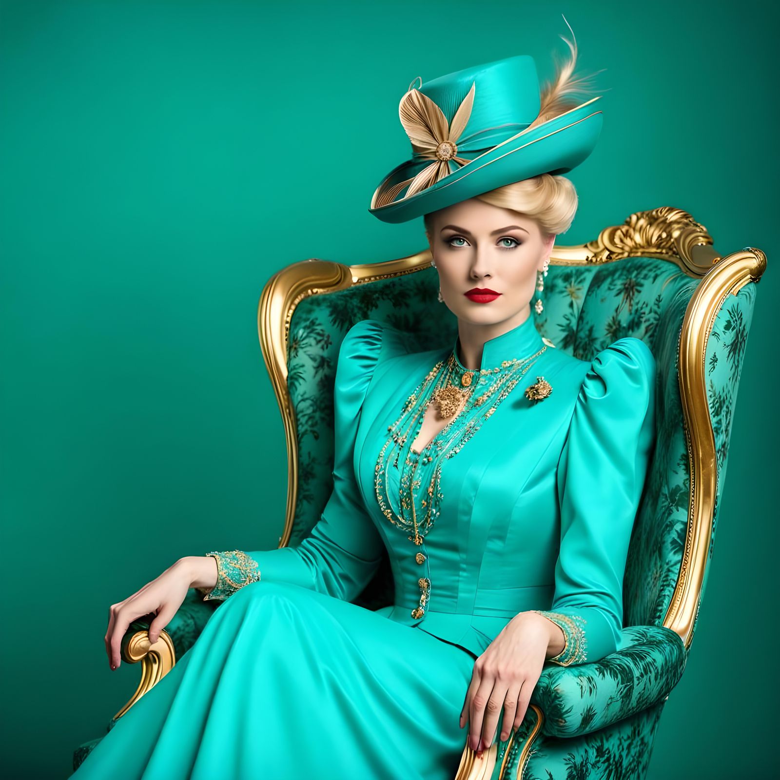 Edwardian Woman in Turquoise Outfit in Photo Studio