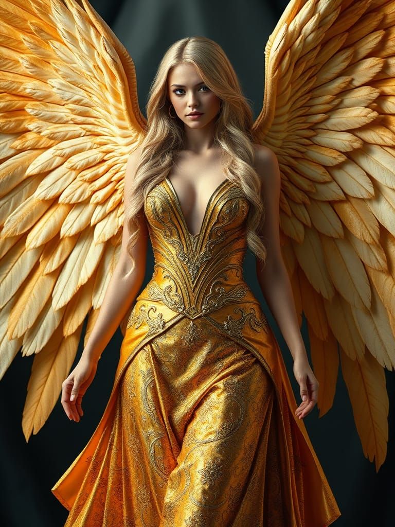 Fallen Angel in Golden Gown with Angel Wings