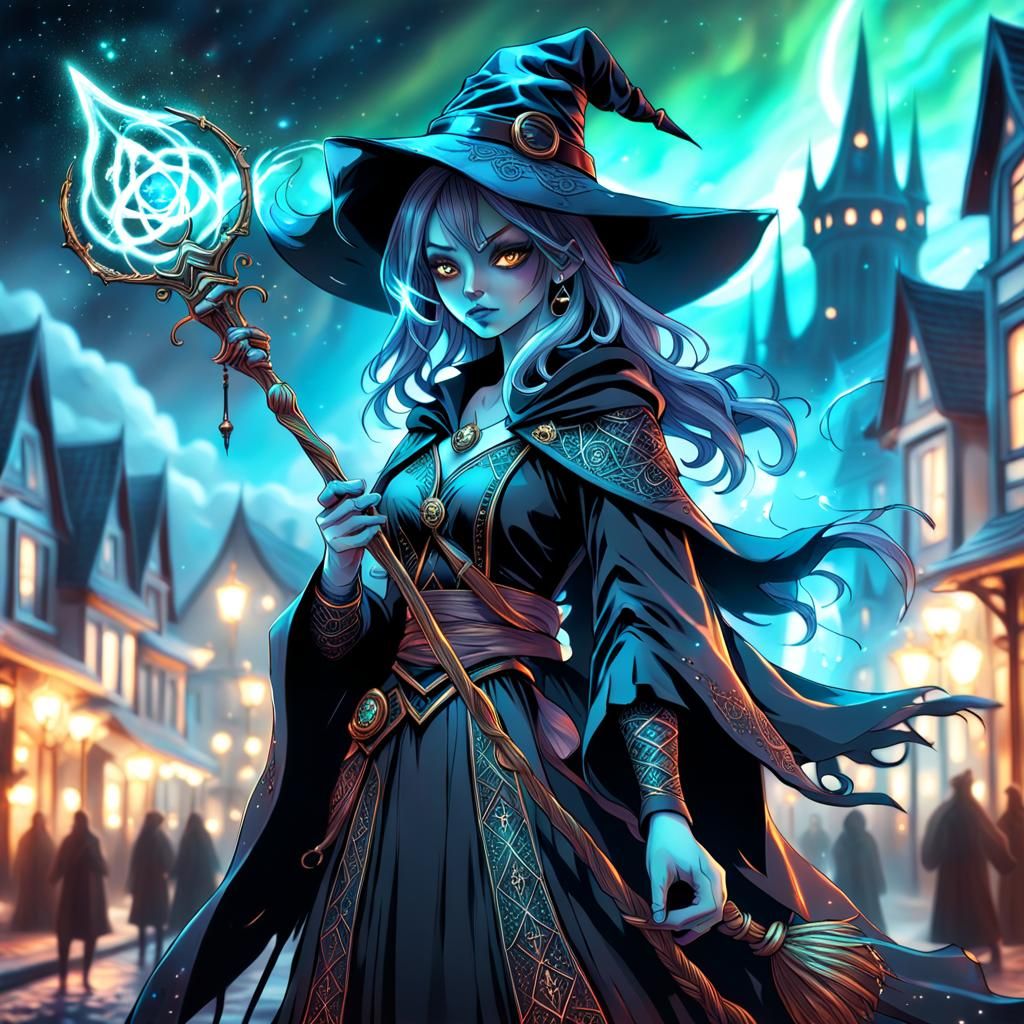 Girl Witch with Glowing Staff Illustration