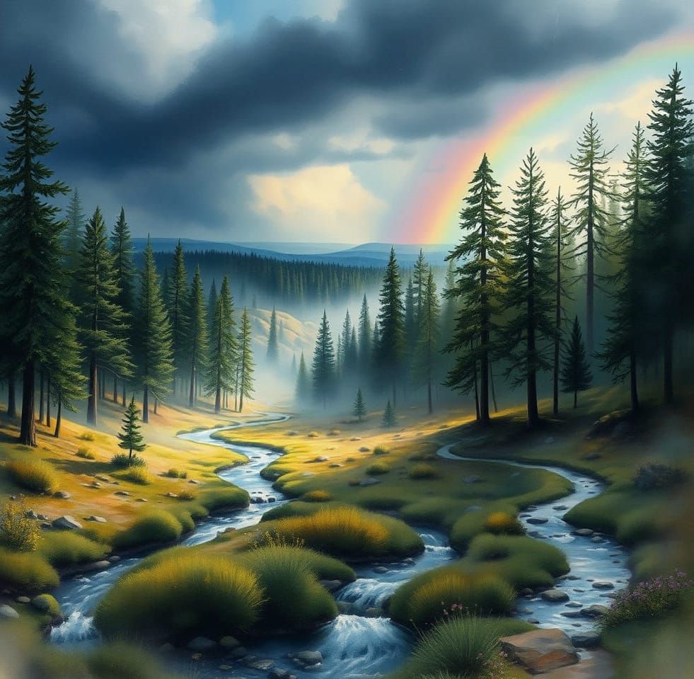 Rainy Forest Landscape with Thunderstorm and Rainbow