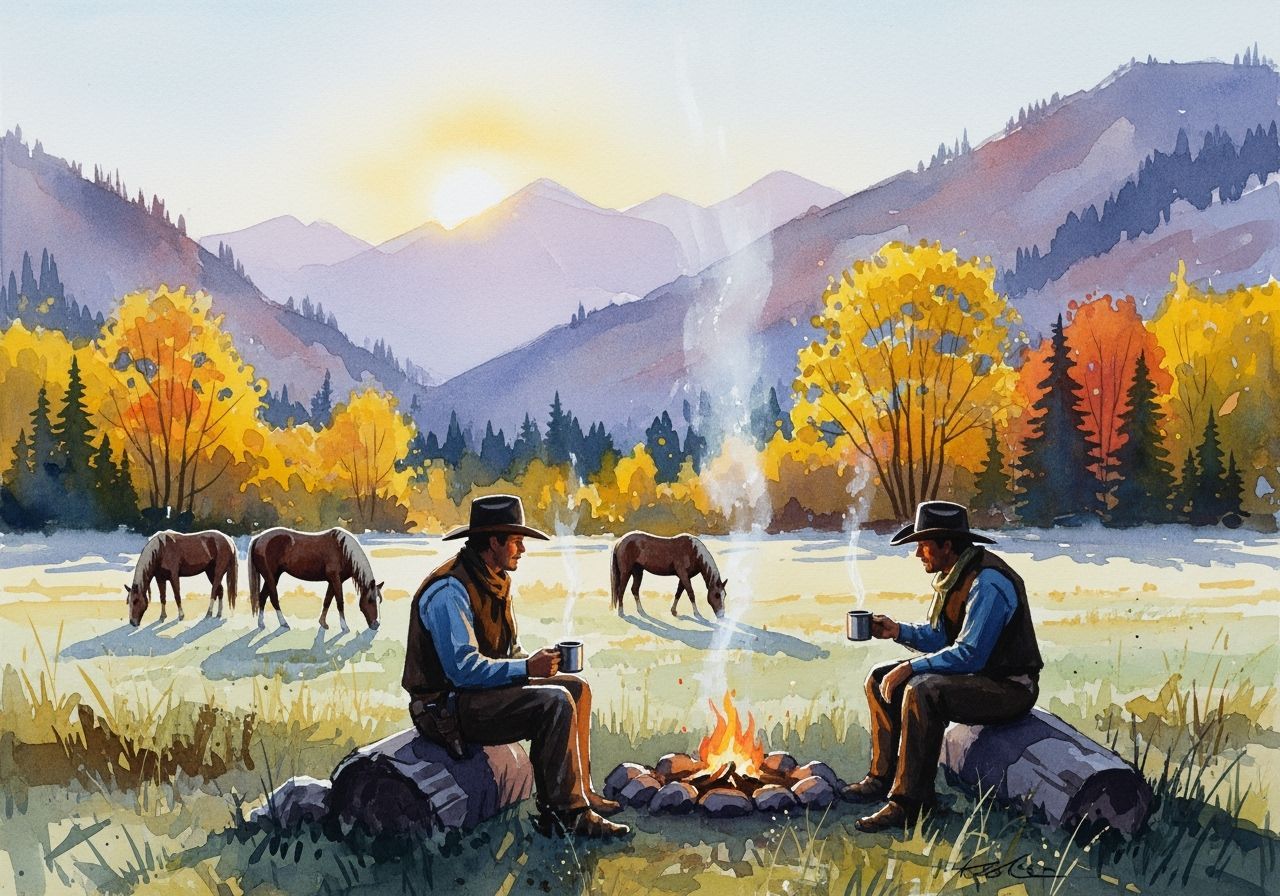 Cowboys Enjoying Coffee in Autumn Mountain Meadow
