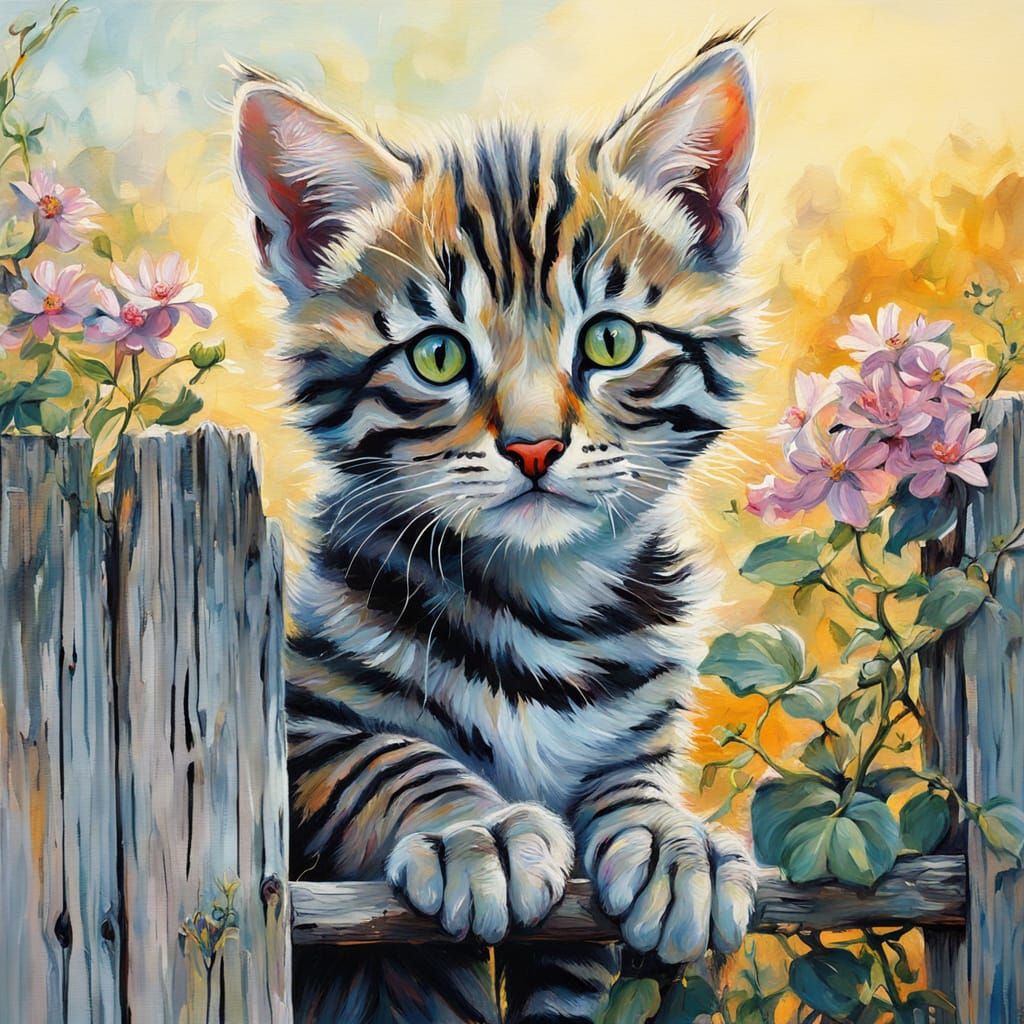 Whimsical Striped Kitten in Golden Hour