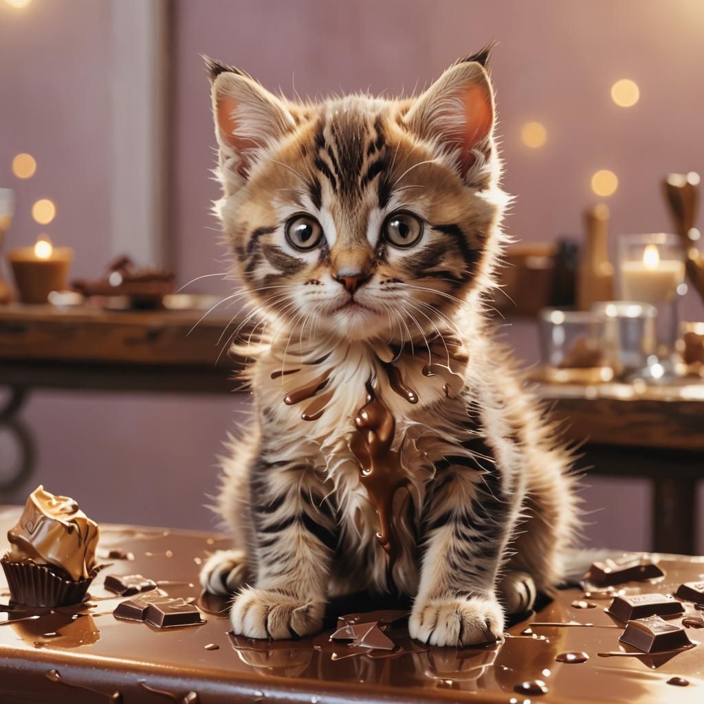 Kitten on Chocolate Bar: Whimsical Pastel Illustration