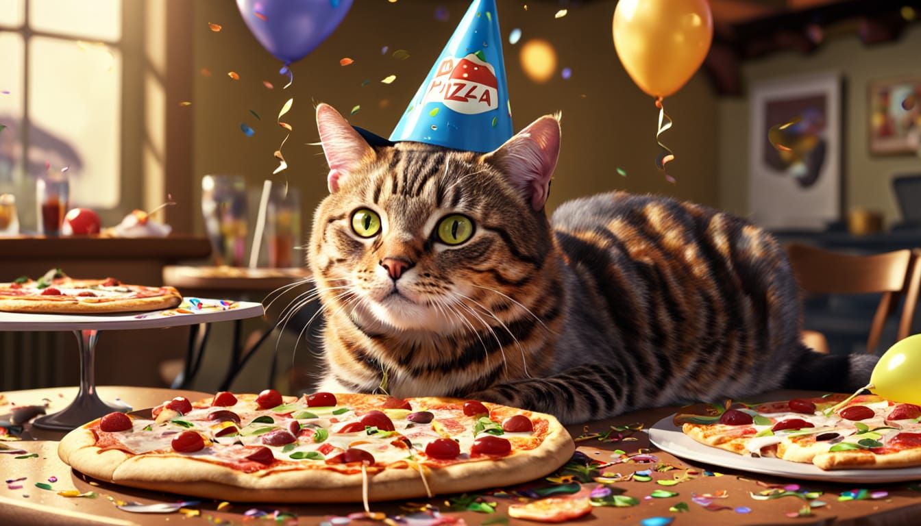 Cat's Pizza Party: Humorous Digital Art