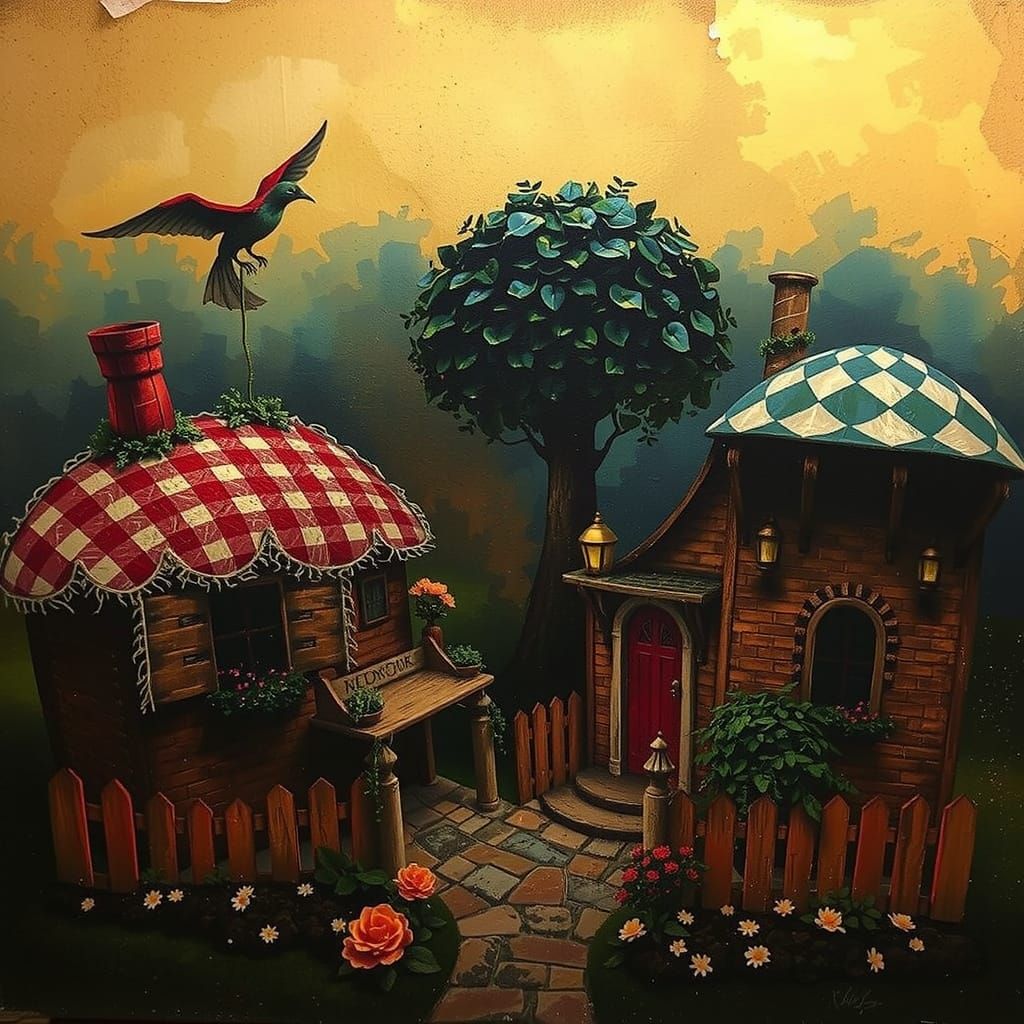 Whimsical Cottage with Watercolor Textures